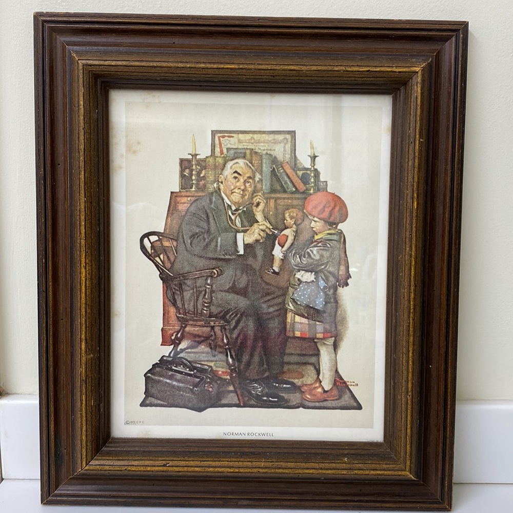 NORMAN ROCKWELL Wooden Framed Litho Print Doctor and The Doll 1972 Donald Art Co